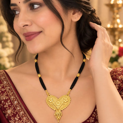 Traditional Gold Mangalsutra with Heart-Shaped Floral Pendant & Black Beaded Chain