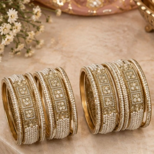 Gold-Tone Pearl Stone Bridal Bangle Set