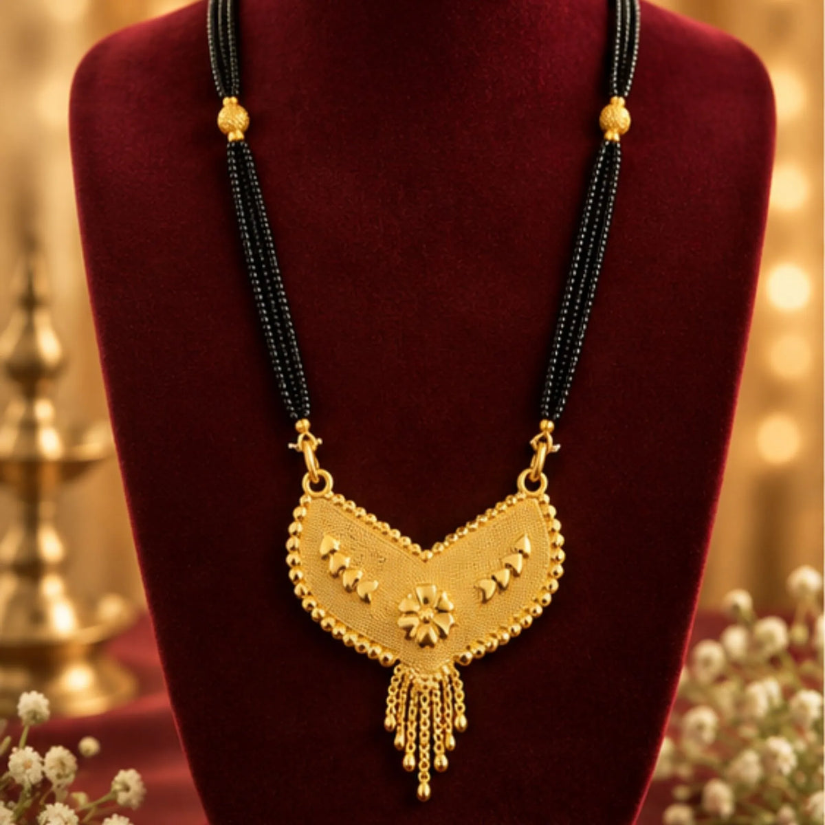 Traditional Gold Mangalsutra with V-Shaped Floral Pendant & Black Beaded Chain
