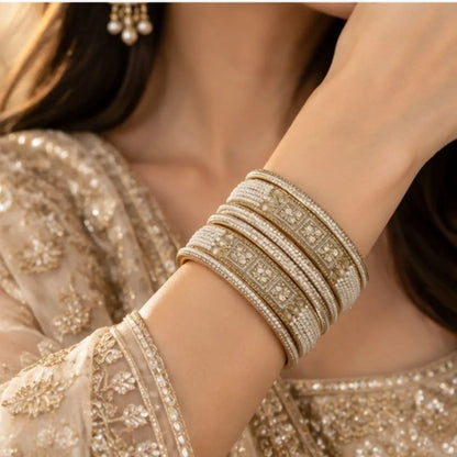 Gold-Tone Pearl Stone Bridal Bangle Set