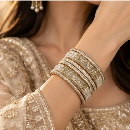 Gold-Tone Pearl Stone Bridal Bangle Set
