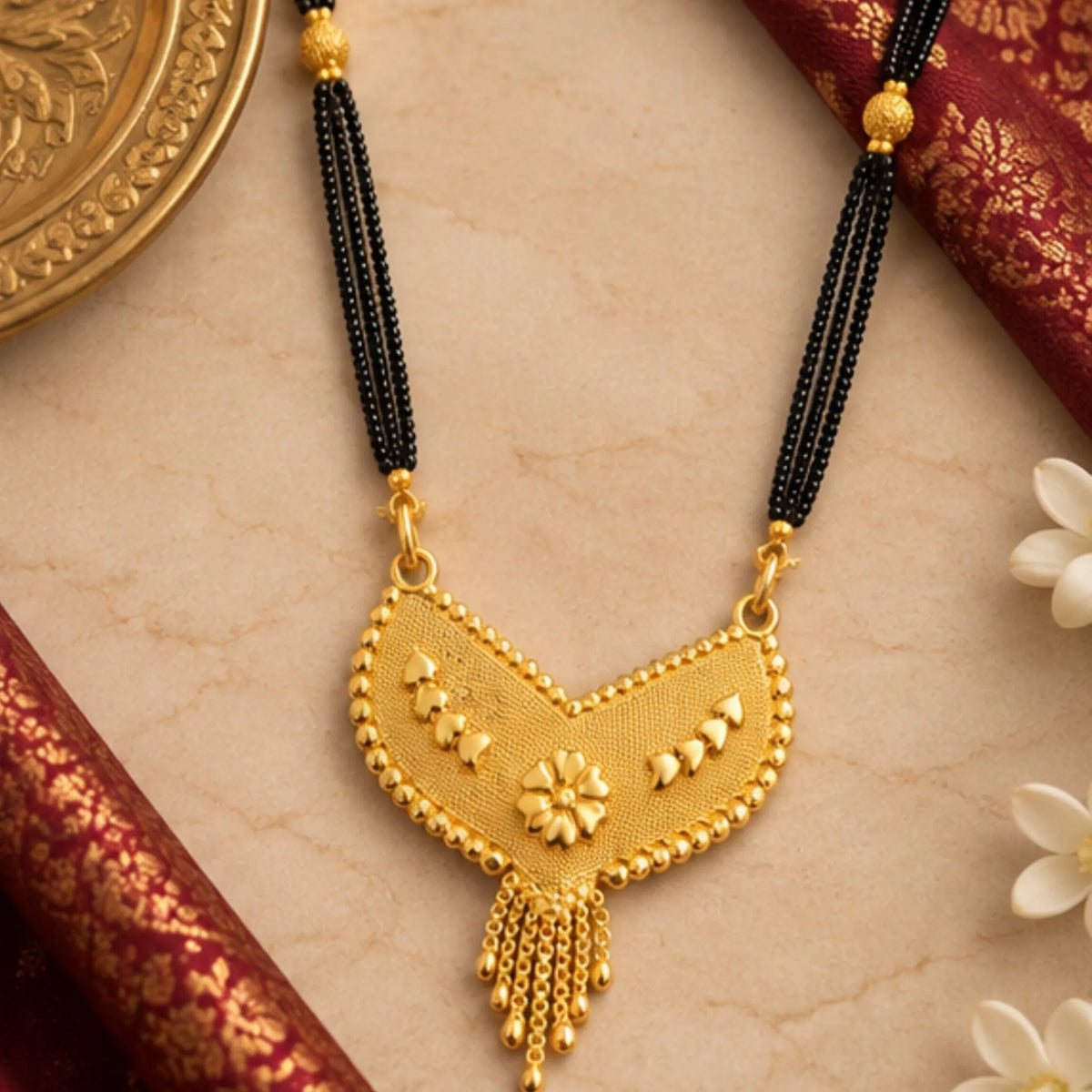 Traditional Gold Mangalsutra with V-Shaped Floral Pendant & Black Beaded Chain