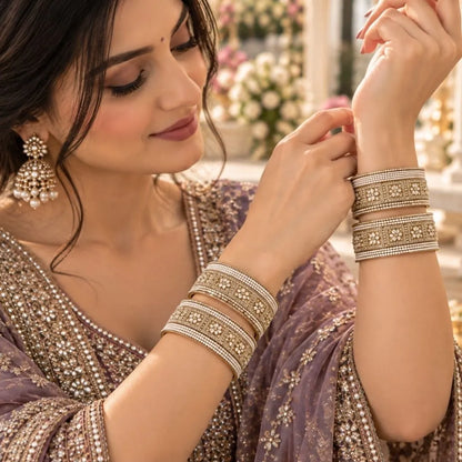 Gold-Tone Pearl Stone Bridal Bangle Set