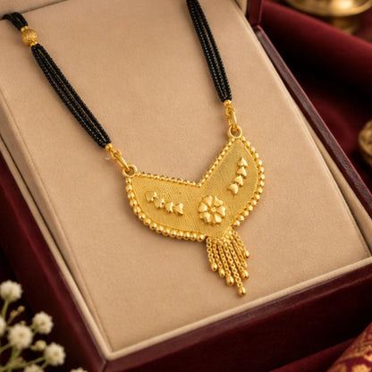 Traditional Gold Mangalsutra with V-Shaped Floral Pendant & Black Beaded Chain
