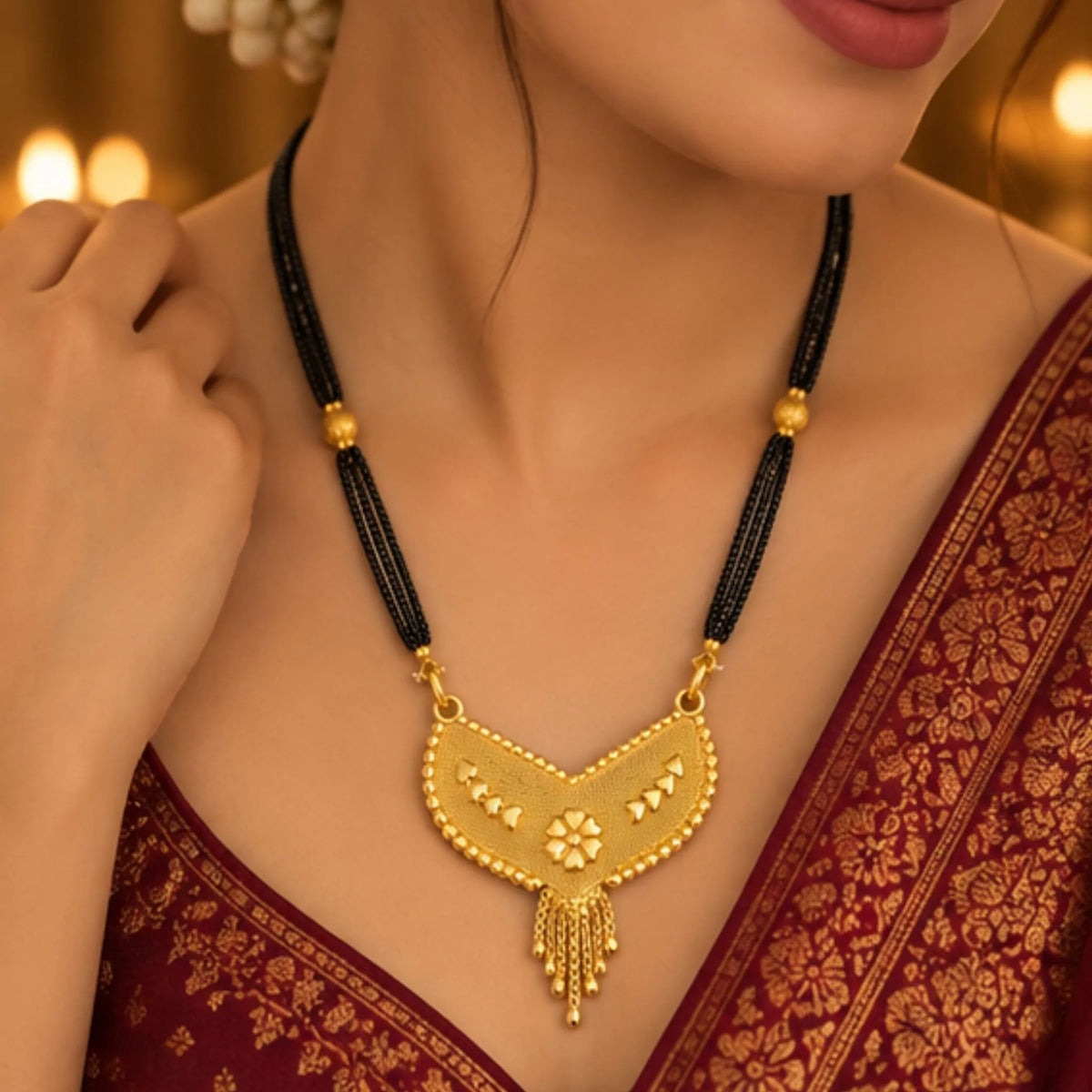 Traditional Gold Mangalsutra with V-Shaped Floral Pendant & Black Beaded Chain