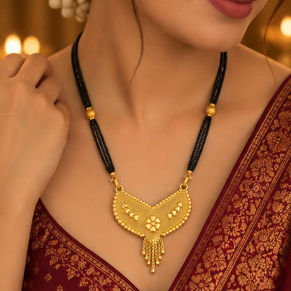 Traditional Gold Mangalsutra with V-Shaped Floral Pendant & Black Beaded Chain