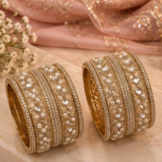 Gold-Tone Pearl Mirror Stone Kada Bangles