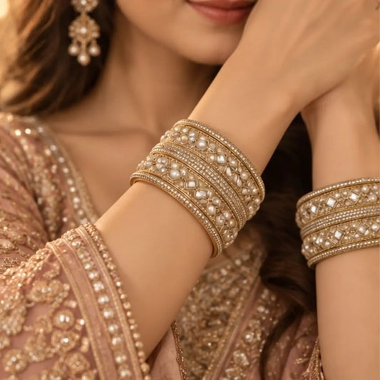 Gold-Tone Pearl Mirror Stone Kada Bangles