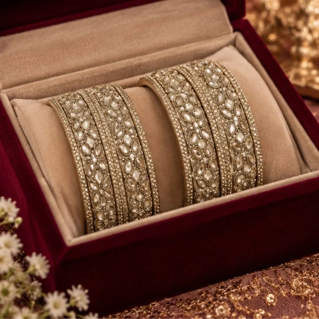 Gold-Tone Floral Stone Kada Bangles