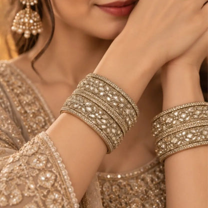 Gold-Tone Floral Stone Kada Bangles