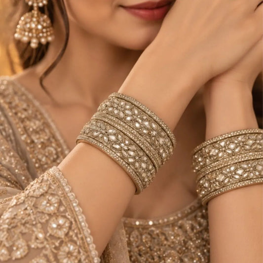 Gold-Tone Floral Stone Kada Bangles