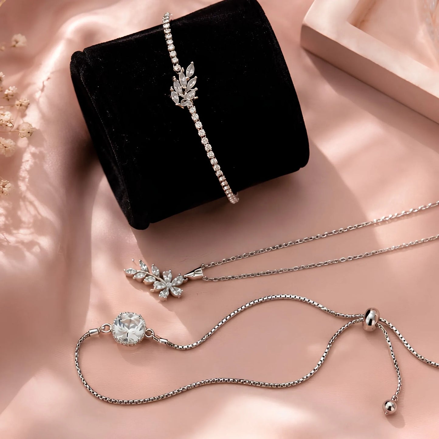 Kids' Silver Crystal Jewellery Gift Set – Crystal Pendant Necklace, Adjustable Bracelet & Leaf Crystal Bangle