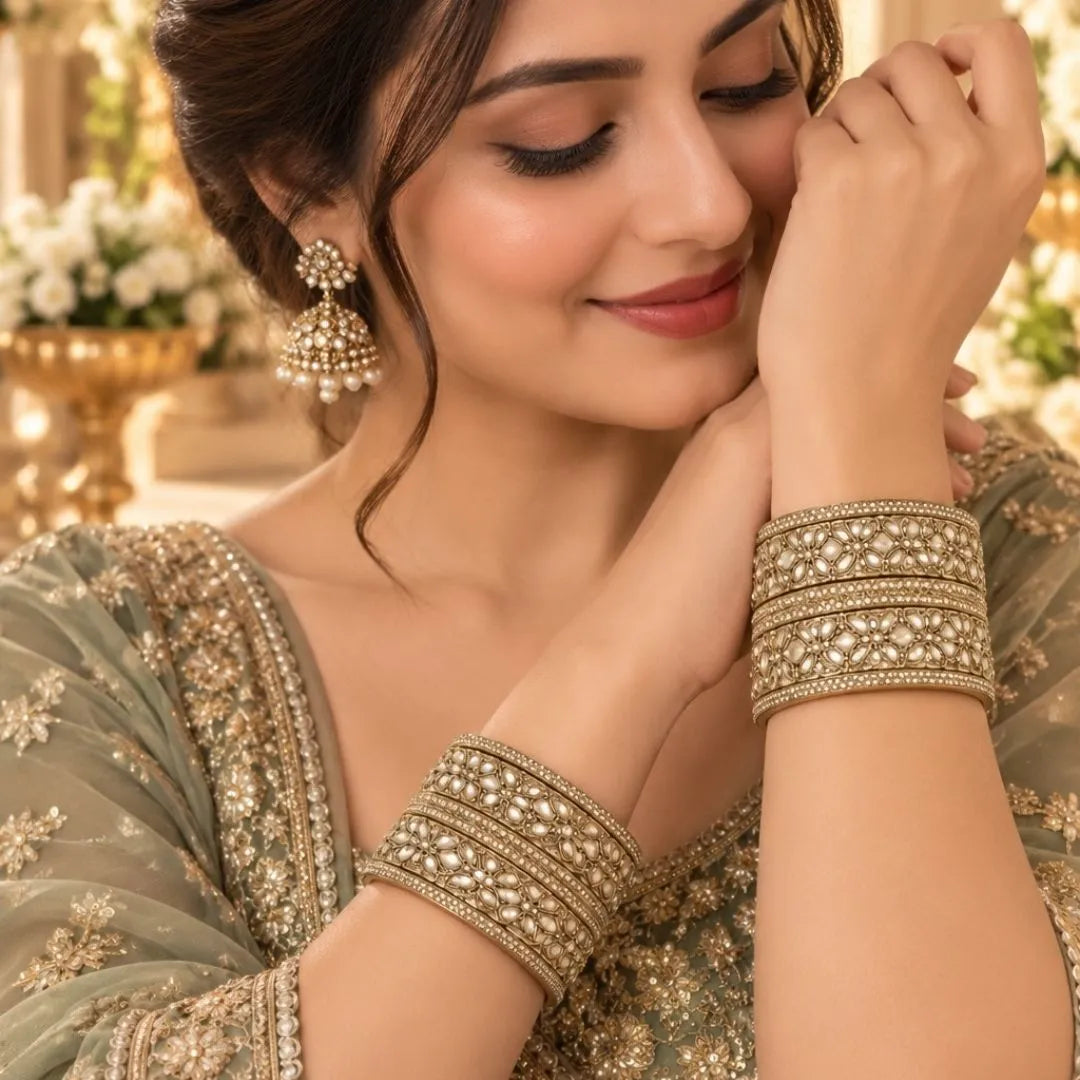 Gold-Tone Floral Stone Kada Bangles