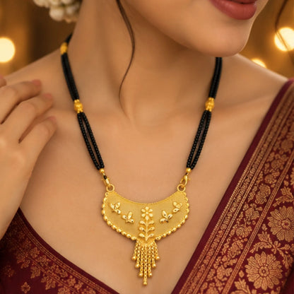 Traditional Gold Mangalsutra with Floral Fan-Shaped Pendant & Black Beaded Chain