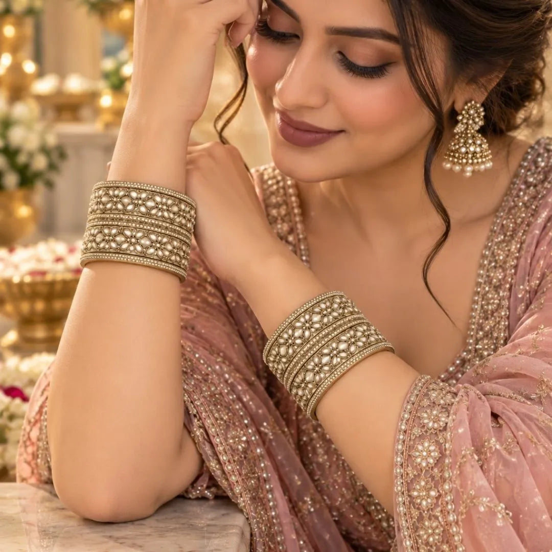 Gold-Tone Floral Stone Kada Bangles