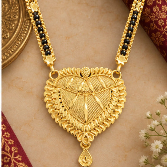 Traditional Gold Mangalsutra with Heart-Shaped Textured Pendant & Double Black-Bead Chain