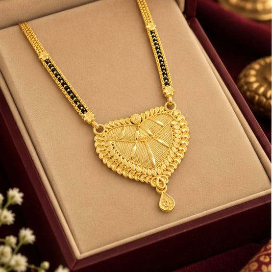 Traditional Gold Mangalsutra with Heart-Shaped Textured Pendant & Double Black-Bead Chain