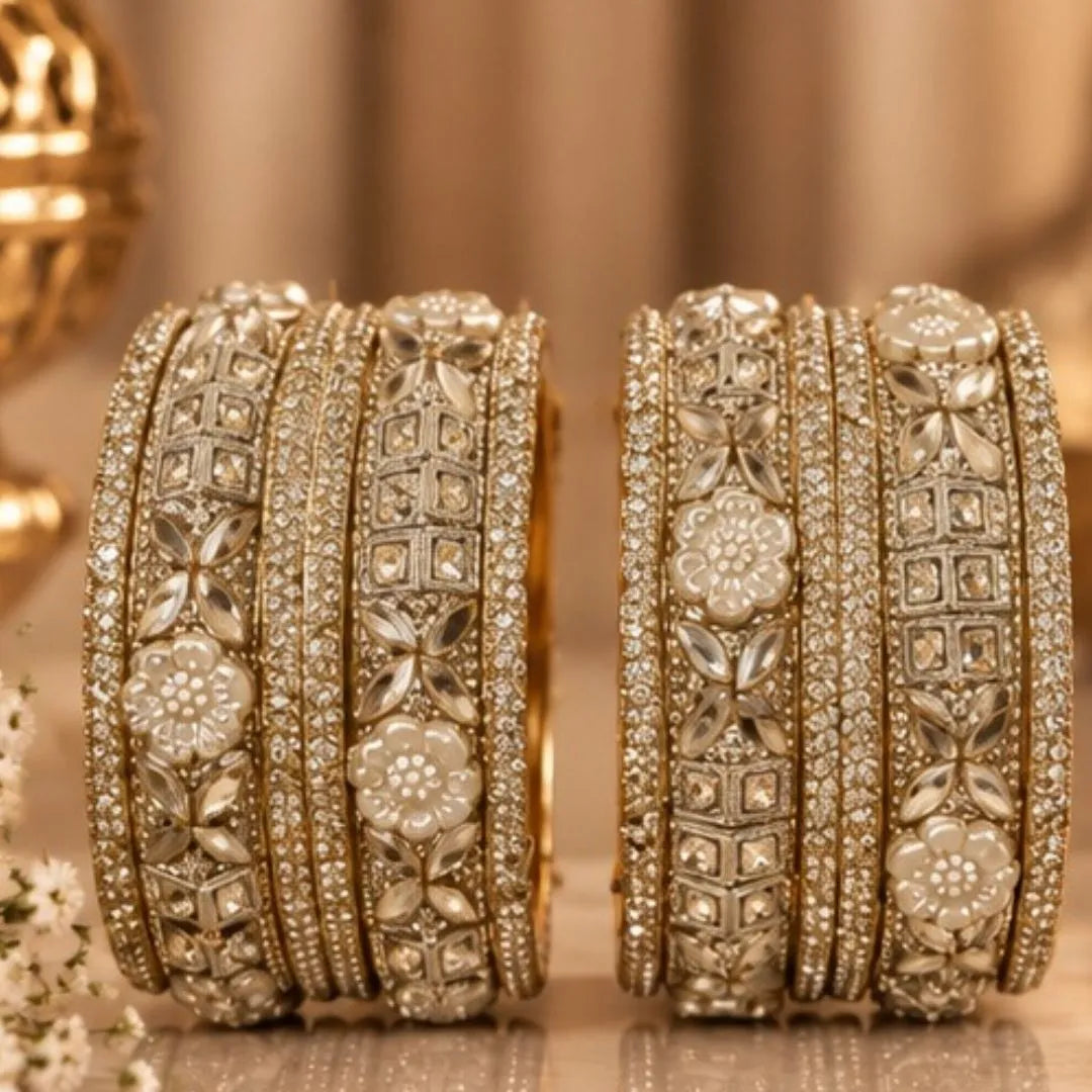 Gold-Tone Floral Pearl Stone Kada Bangles