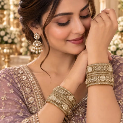 Gold-Tone Floral Pearl Stone Kada Bangles
