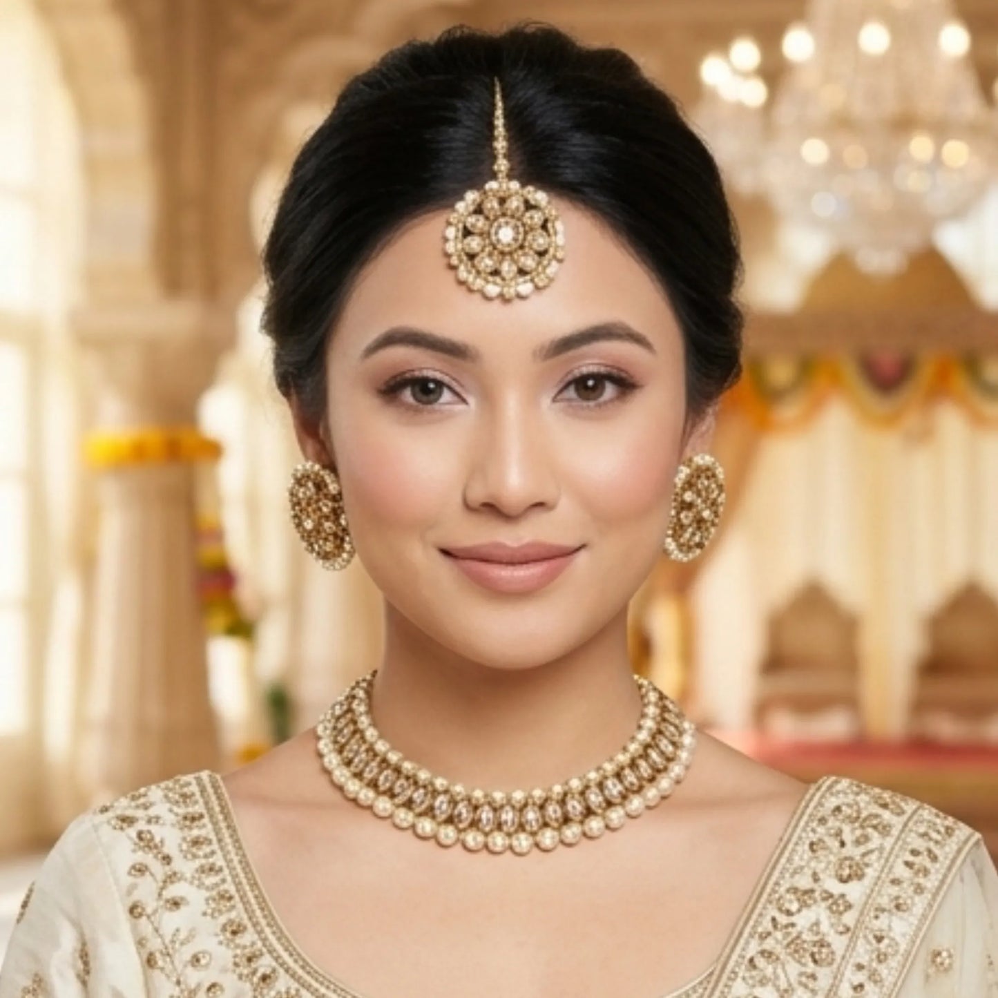 Pearl Chain Necklace Set with Jhumka Earrings &amp; Maang Tikka