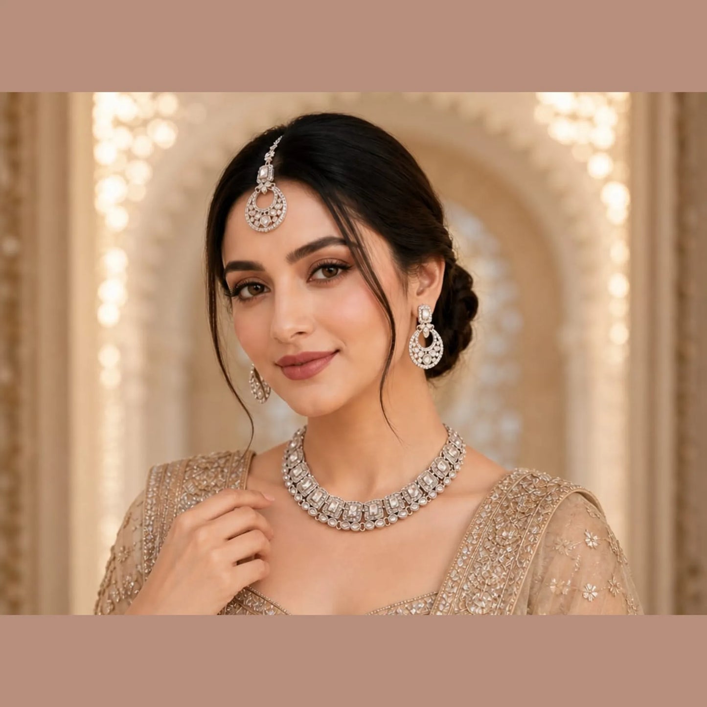 Silver Mirror-Work Chandbali Necklace Set