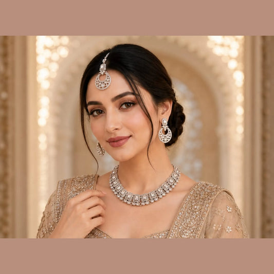 Silver Mirror-Work Chandbali Necklace Set