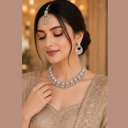 Silver Mirror-Work Chandbali Necklace Set