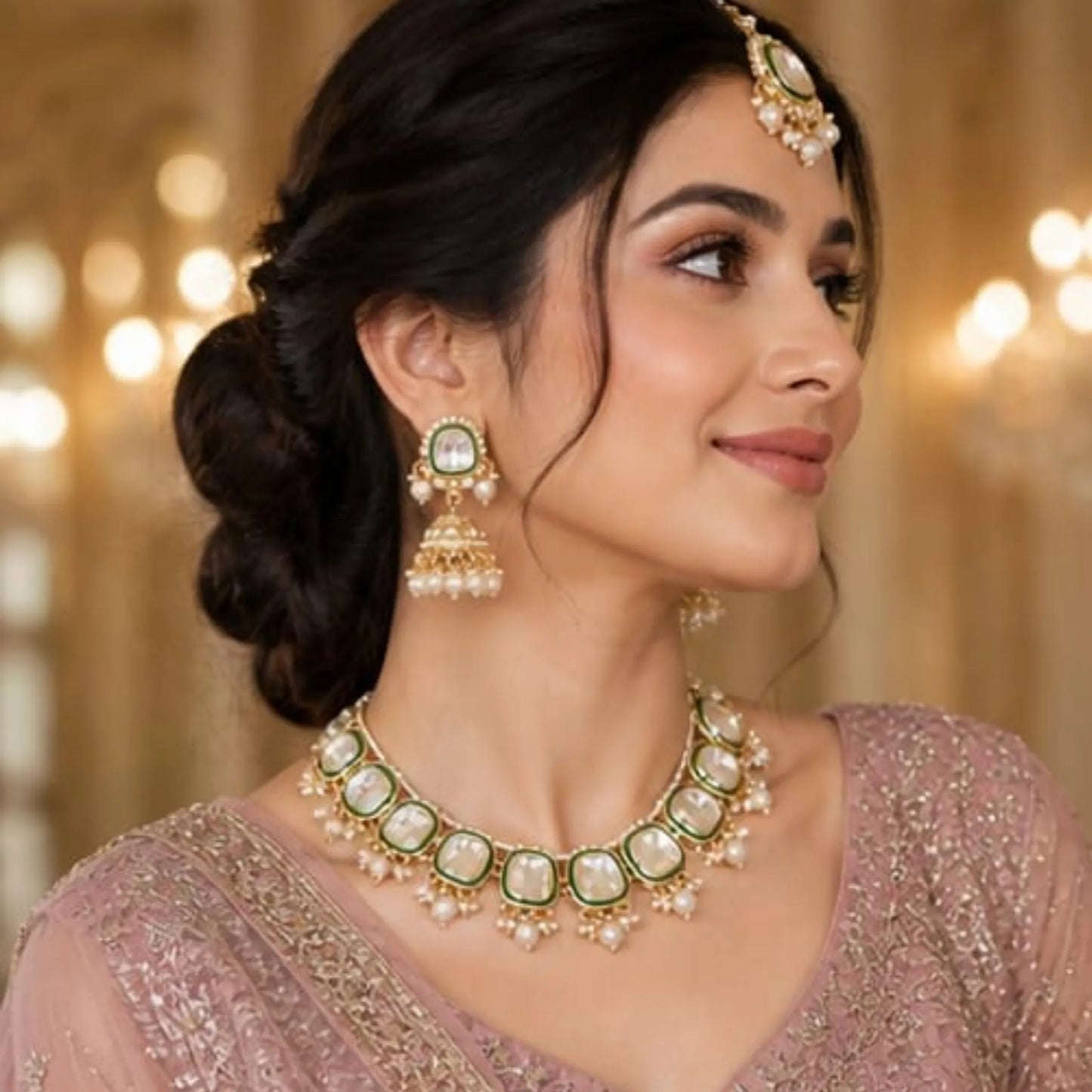 Antique Gold & Mint Emerald Polki Set with Jhumkas