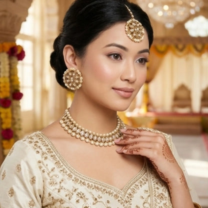 Pearl Chain Necklace Set with Jhumka Earrings &amp; Maang Tikka
