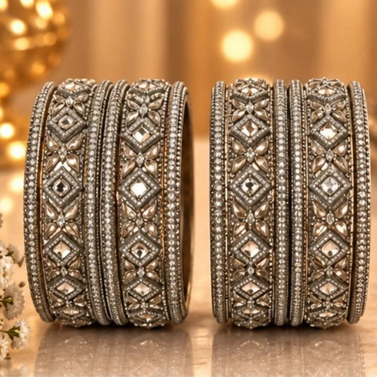 Silver-Tone Mirror Stone Bridal Kada Bangles