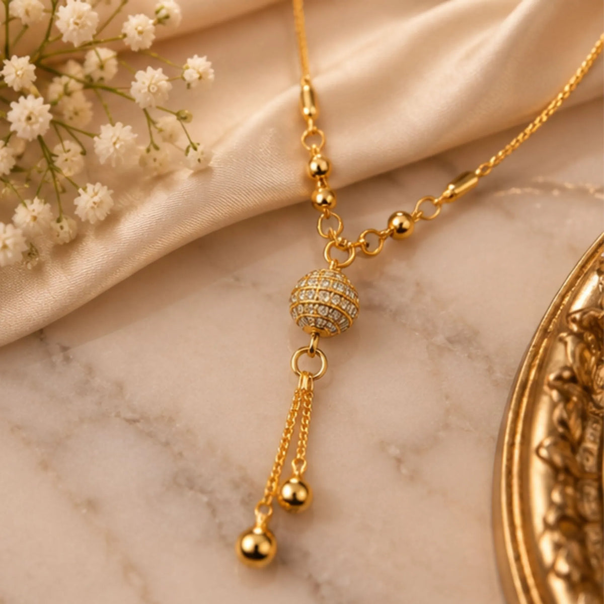Elegant Gold-Tone Beaded Pendant Necklace with Crystal Ball & Dangling Charms