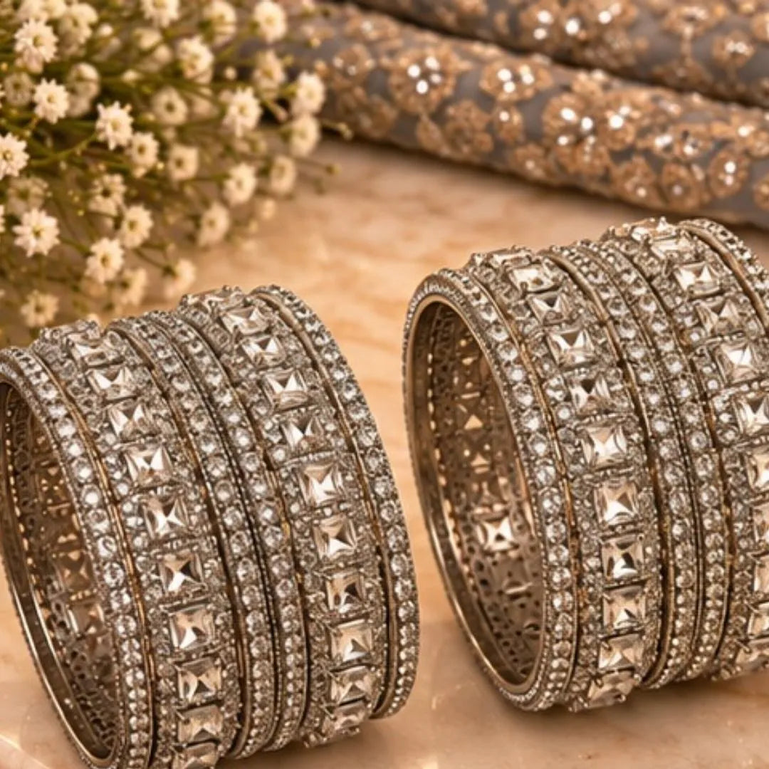 Silver-Tone Mirror Stone Kada Bangles