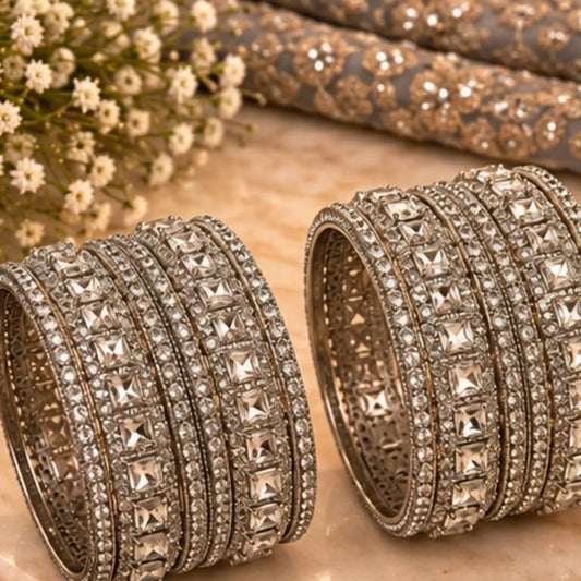 Silver-Tone Mirror Stone Kada Bangles