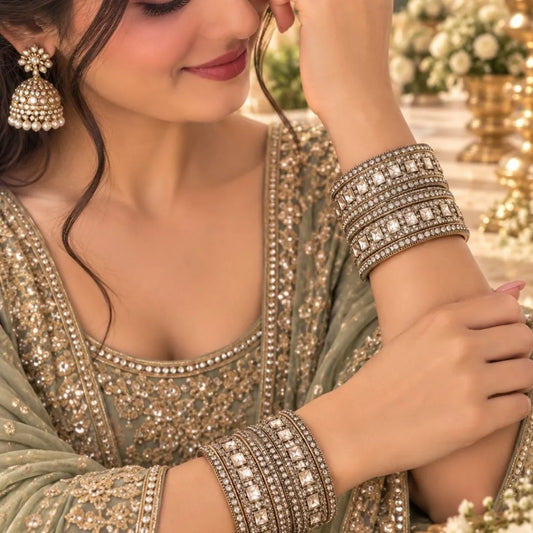 Silver-Tone Mirror Stone Kada Bangles