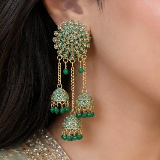 Emerald Green Meenakari Jhumkas
