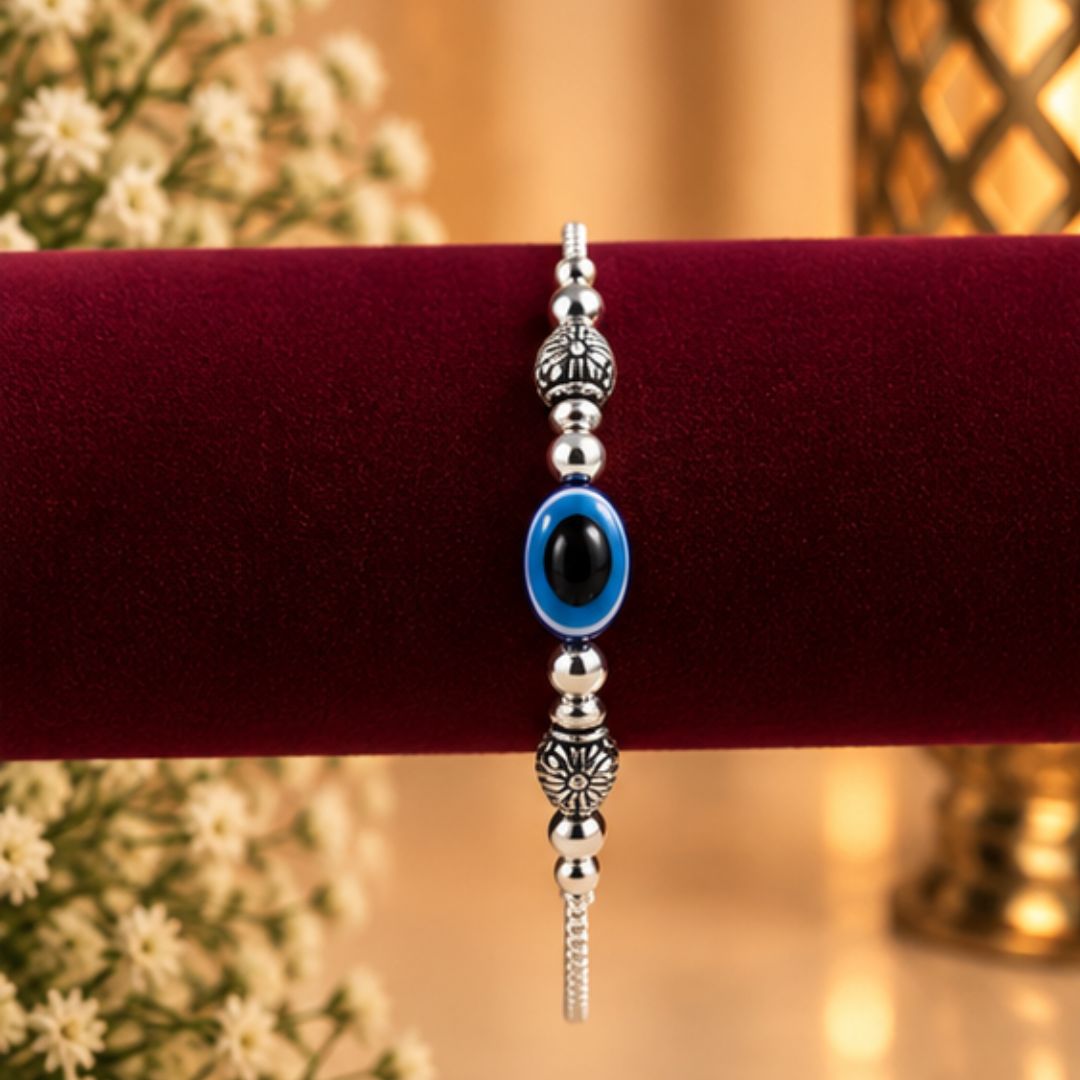 Silver Evil Eye Anklet with Blue Nazar Bead & Antique Floral Charms