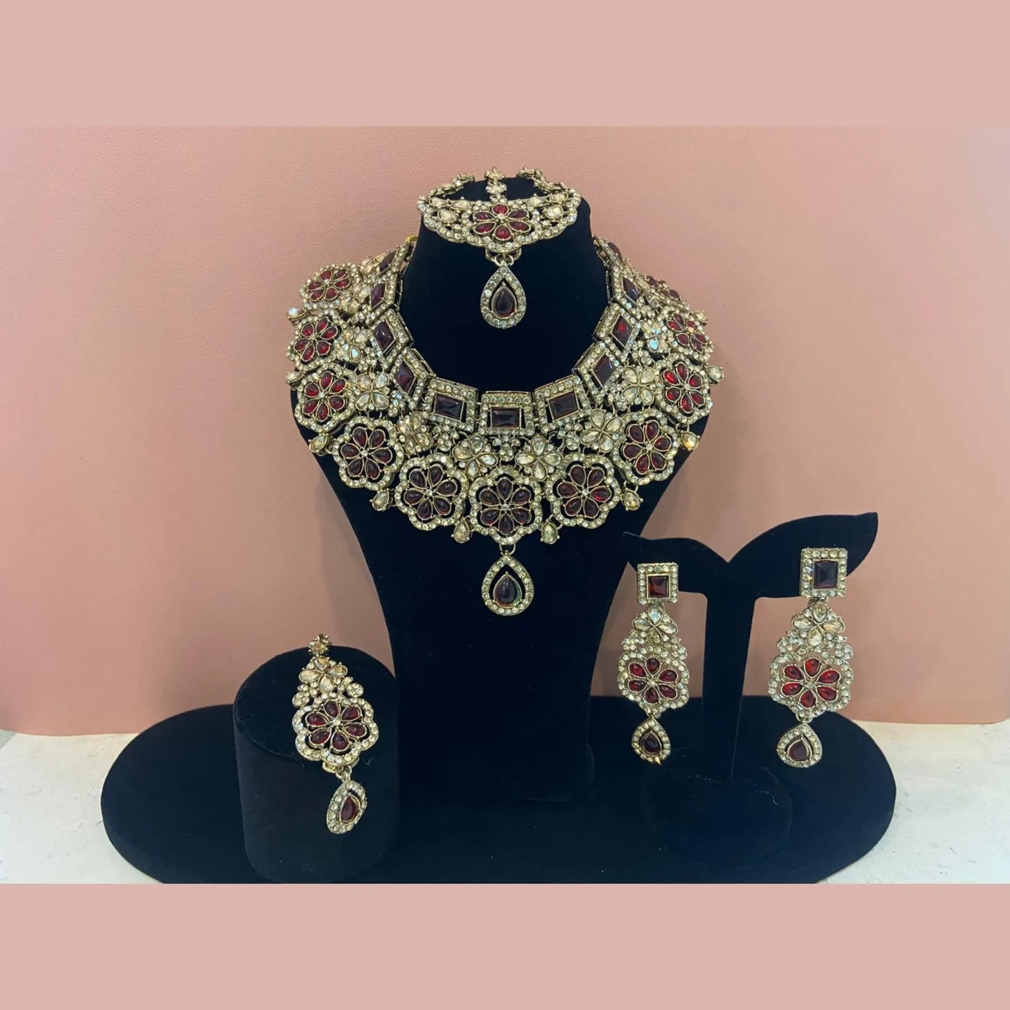 Maroon Stone Bridal Necklace Set with Earrings & Maang Tikka