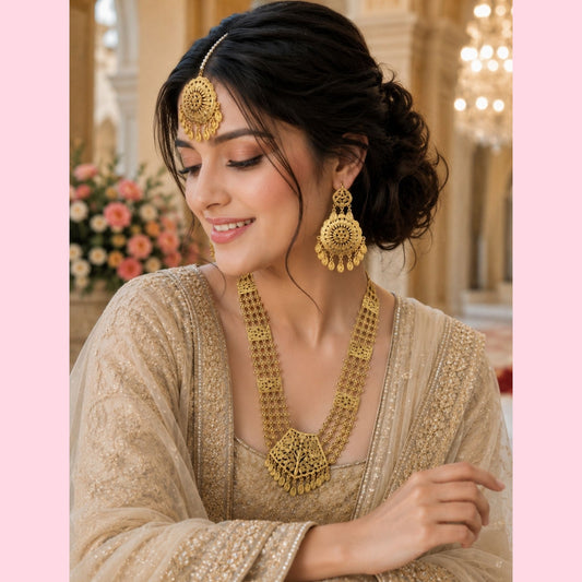 Traditional Bridal Long Necklace Set with tikka
