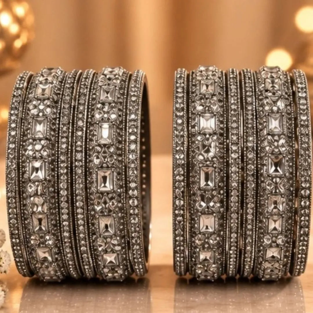 Silver-Tone Crystal Kada Bangles – Elegant Bridal & Indian Wedding Jewellery