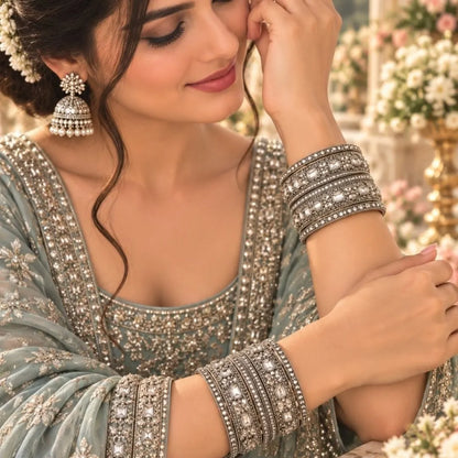 Silver-Tone Crystal Kada Bangles – Elegant Bridal & Indian Wedding Jewellery