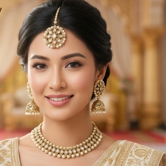 Pearl Chain Necklace Set with Jhumka Earrings &amp; Maang Tikka