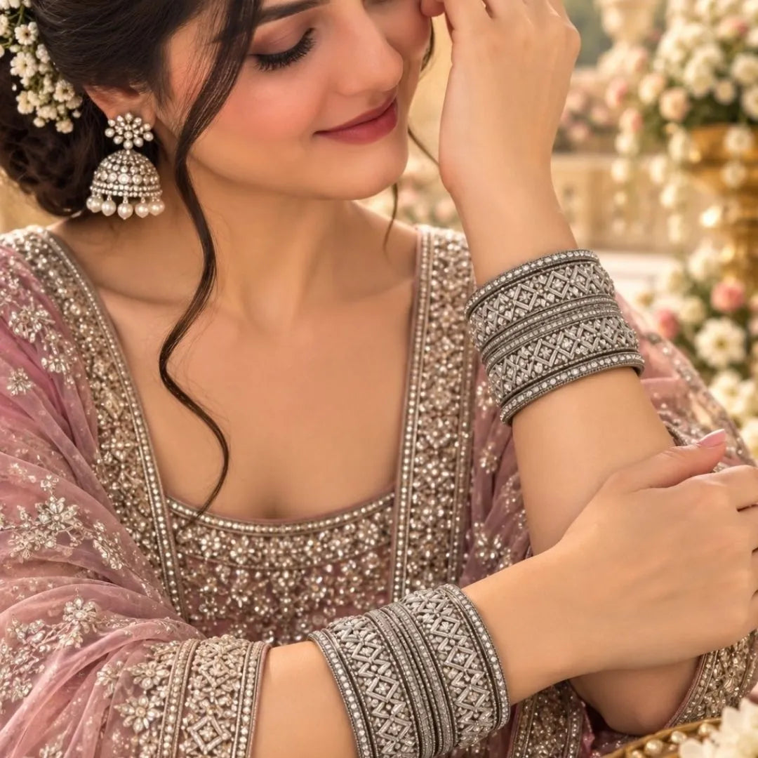 Silver-Tone Designer Kada Bangles – Sparkling Crystal Bridal & Wedding Jewellery