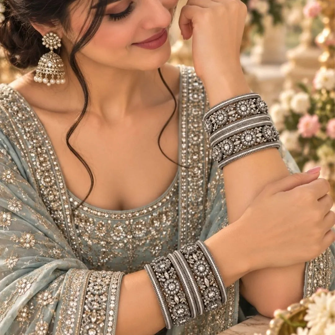 Silver-Tone Floral Crystal Kada Bangles – Designer Bridal & Wedding Jewellery