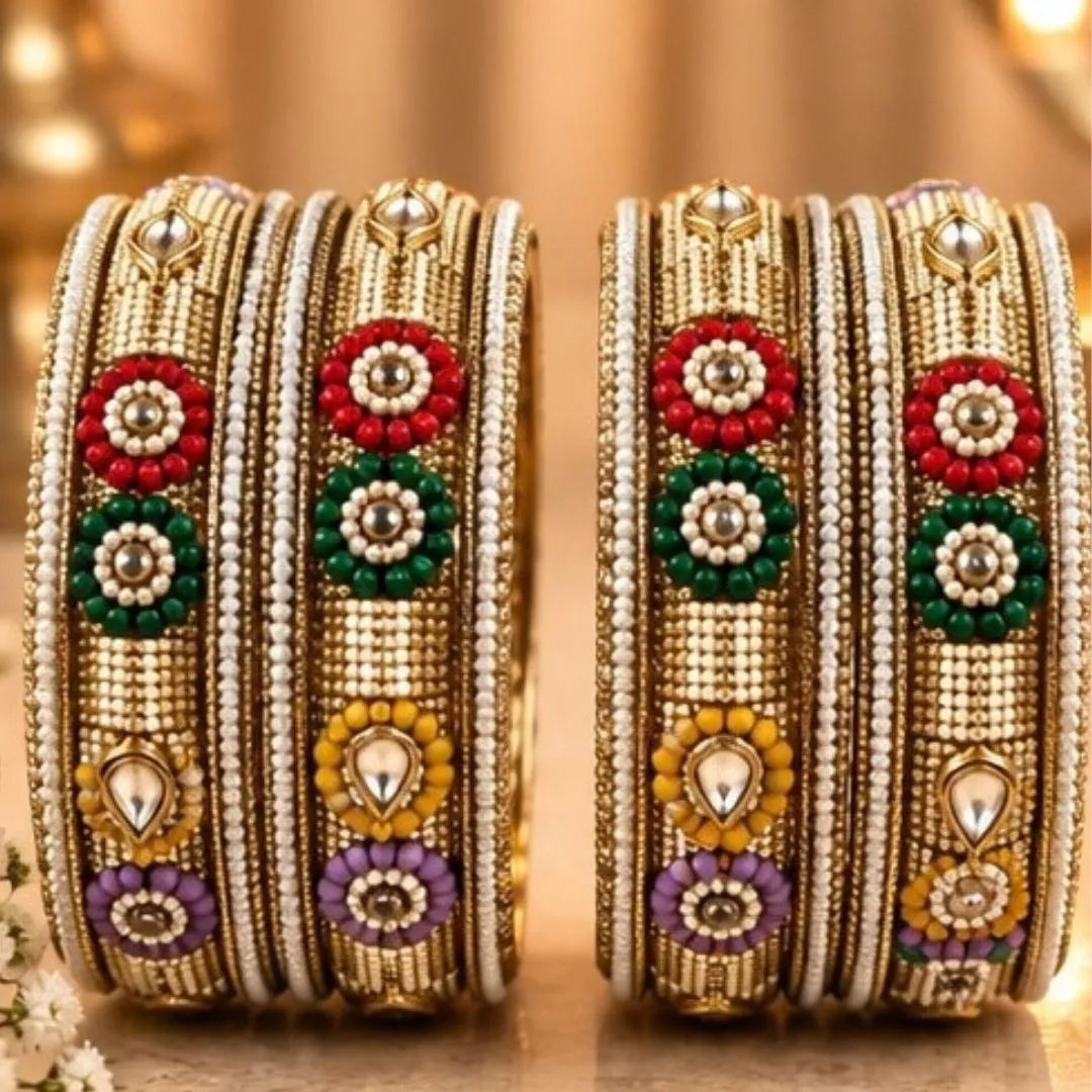 Gold-Tone Multicolour Floral Kada Bangles – Designer Bridal & Festive Jewellery