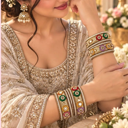 Gold-Tone Multicolour Floral Kada Bangles – Designer Bridal & Festive Jewellery