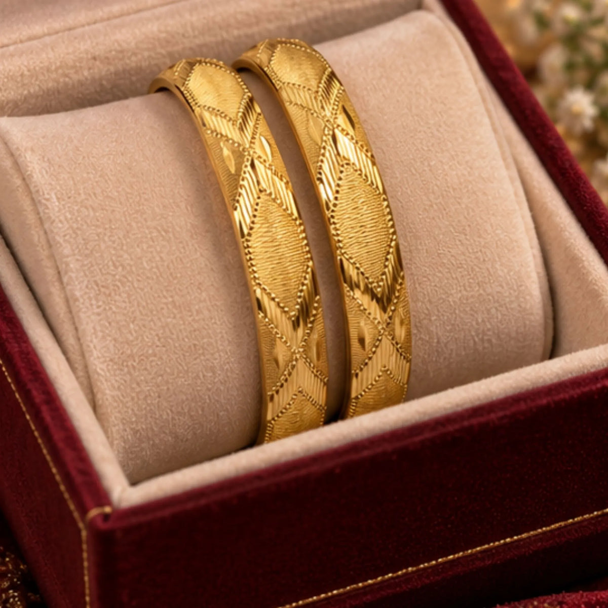 Gold-Tone Diamond Pattern Bangle Pair