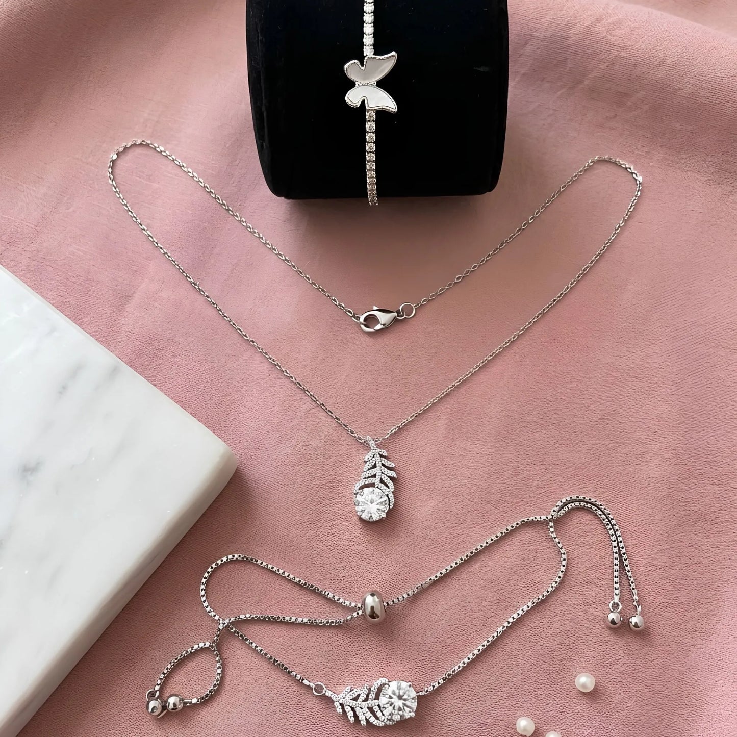 Kids' Silver Butterfly Jewellery Gift Set – Butterfly Bangle, Crystal Leaf Necklace & Adjustable Bracelet
