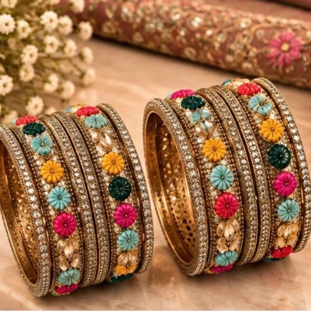 Gold-Tone Multicolour Floral Kada Bangles – Sparkling Designer Bridal Jewellery