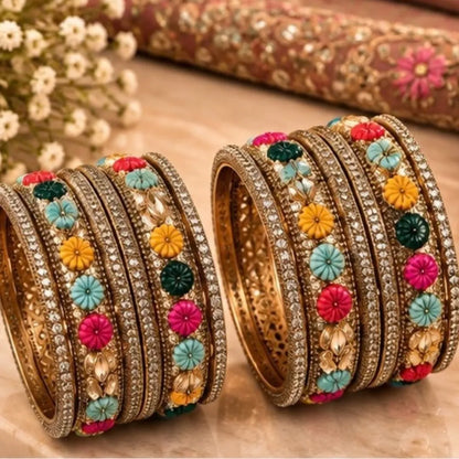 Gold-Tone Multicolour Floral Kada Bangles – Sparkling Designer Bridal Jewellery