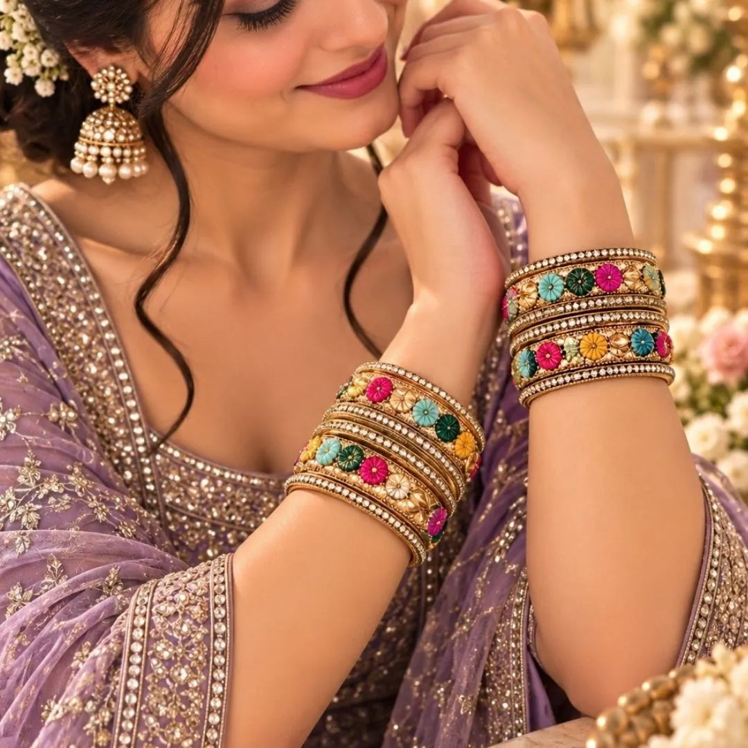 Gold-Tone Multicolour Floral Kada Bangles – Sparkling Designer Bridal Jewellery